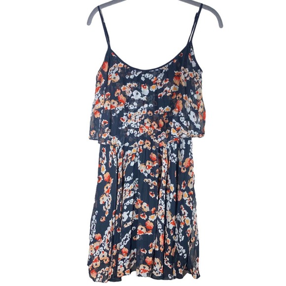 Bebe Floral Tiered Pleated Mini Dress Black Orange Size Small - Picture 1 of 6